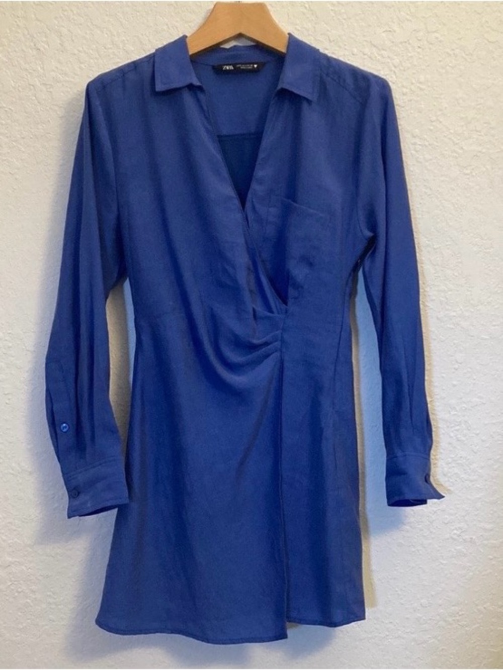 Zara Periwinkle Blue Long-Sleeve Wrap-Style Shirt Dress. Sz S